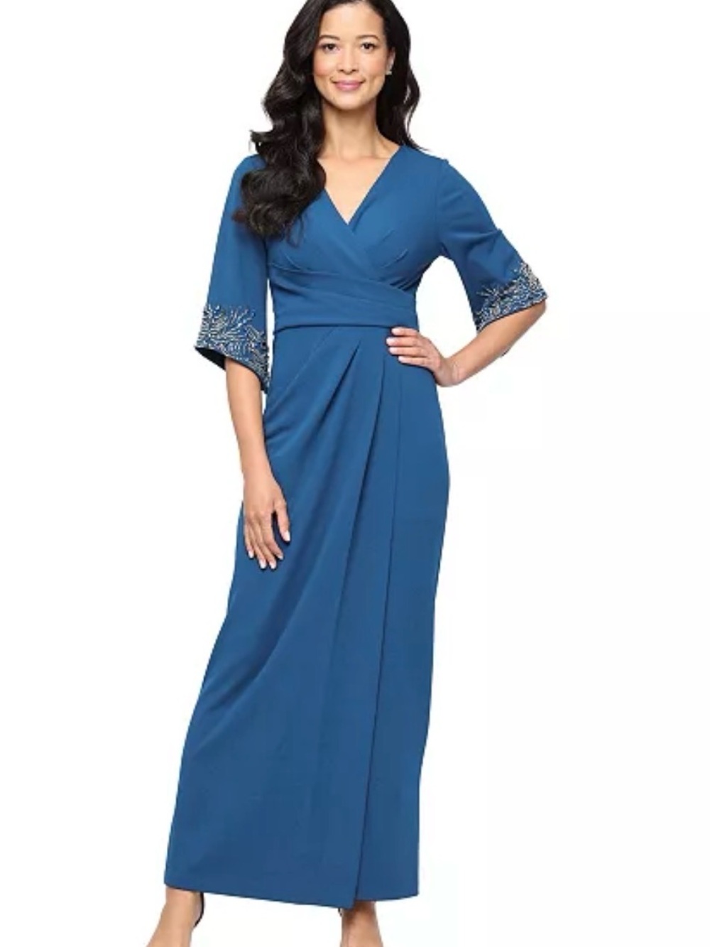 Alex Evenings Teal-Blue V-Neck Beaded Sleeve Maxi Dress